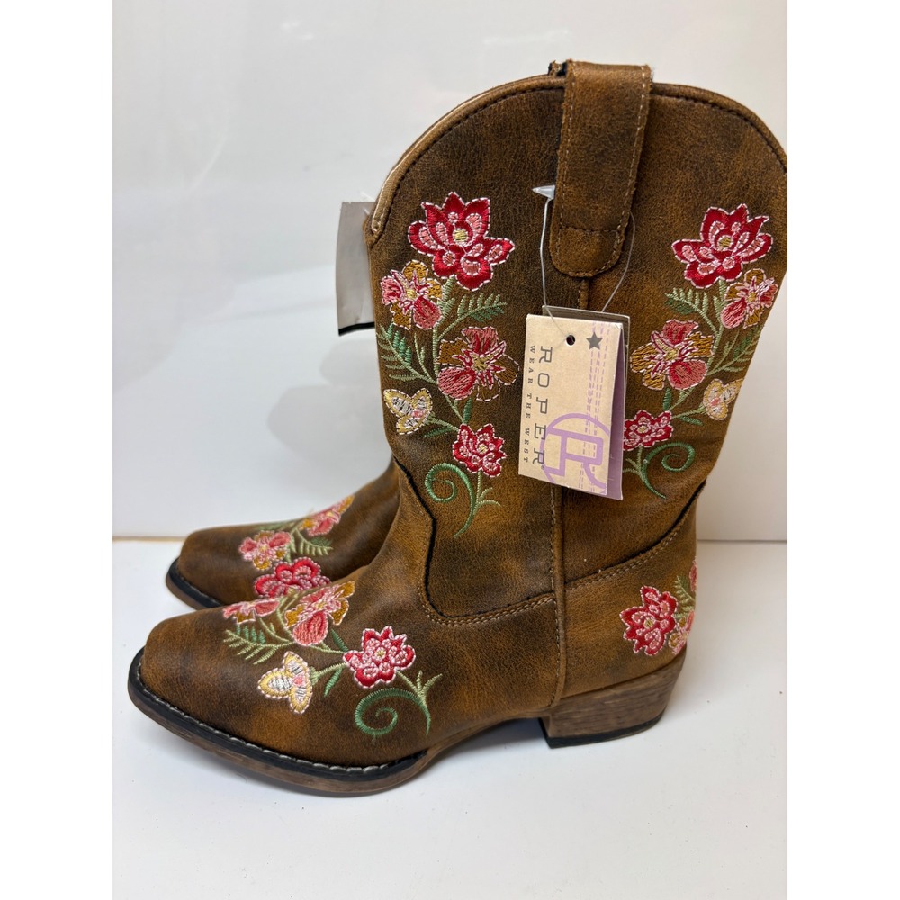Roper Girls Brown Floral Embroidered Snip Toe Cowboy Boots 13 Little Kids New